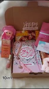Hampers Pink Al-Quran A5 10in1 Custom Nama Sajadah Hijab Tasbih Kado Cewek Gift Box Muslimah Quran