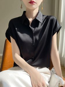 Black Satin Sleeveless Shirt Womens Summer New Style Pure Color Casual Loose Fit Collar Short Sleeve Regular Length Shirt