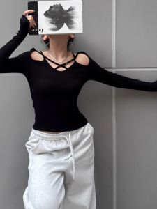 Áo Len Dệt Kim Tay Dài Màu Đen Gợi Cảm Cho Nữ Mùa Xuân Thu Thiết Kế Thanh Lịch Ngắn Tay Áo Sơ Mi Thanh Lịch Chất Liệu Cotton