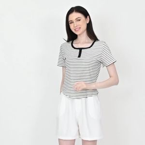 QUEENTIN Atasan Kaos Rajut Casual Wanita 3560-1 Knit Stripe Strecth Lengan Pendek