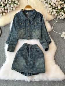 Fashionable Two-Piece Denim Shorts Set Womens Autumn Clothing Pair with Printed Jacket Wide Leg Pants Age-Defying Trendy Look