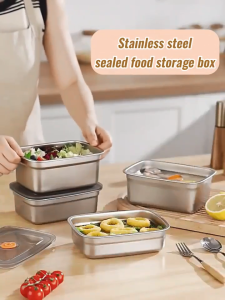 Stainless Steel Crisper Box with Lid Kitchen Refrigerator Storage Outdoor Picnic Meal Box  Food Preparation Box WD-L16-L18