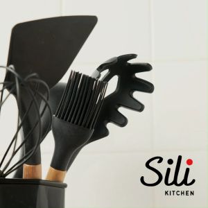 SILI Silicone Kitchen Utensils Set with Holder (5 10pcs) - Beech Wood Handle High Heat Resistant