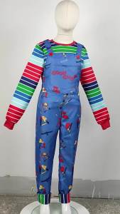 Adult Chucky Cosplay Costume with Striped Shirt and Jumpsuit for Chucky Overalls Halloween Costumes