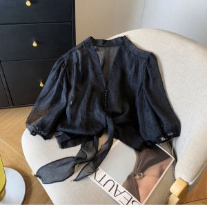2025 Korean Style Half Sleeve High End Shirt Summer Thin Chiffon Tie Sun Protection Outerwear Cardigan for Women Commute Loose Fit V Neck