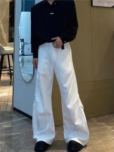 American Retro White Casual Mens West Pants Pressed Pleats Pure Color Loose Straight Floor-Length Wide Leg Long Trousers