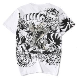 Heavy Embroidery Carp Print Cotton T-Shirt Short Sleeve Breathable Casual Top for Youth Summer Fashion Trend Brand Pure Cotton