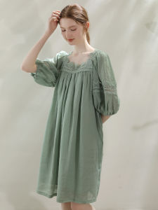 Miccbeirn | Miccbeirn Pure Flax Heavy Embroidery French Lantern Sleeve Simple Style Dress Summer Season Mid Sleeve Midi Skirt A Line Dress