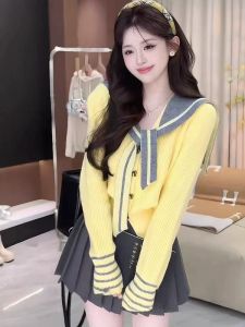 Korean Style Sweet Youth Navy Collar Knitted Cardigan Womens Early Autumn New Unique Short Sweater Jacket Top