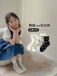 ถุงเท้าผู้หญิงเด็ก ถุงเท้าผ้าตาข่ายระบายอากาศบางฤดูร้อน ถุงเท้าผ้าฝ้ายสไตล์เกาหลี INS ถุงเท้าครึ่งแข้งแบบมีโบว์ผูก