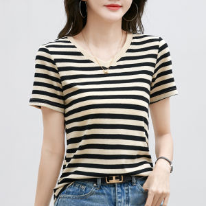 Slim Fit Striped V-Neck Short Sleeve T-Shirt Womens Fashionable Korean Style Summer Top Polyester Cotton Spandex Blend