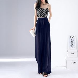 FIGHT FISH | Black Mesh Pants Women Summer Thin Ice Silk High Waist Drapey Wide Leg Skirts Style Air Conditioning Loose Fit Polyester Fiber