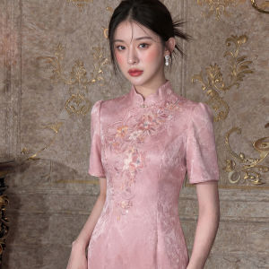 Summer Pink Wedding Cheongsam with Heavy Embroidery Acetate