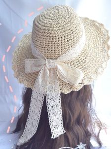 Fresh Japanese Style All-Match Lace Lace-up Bows Hat Female Summer Outing Big Brim Beach Hat Straw Hat Female Summer