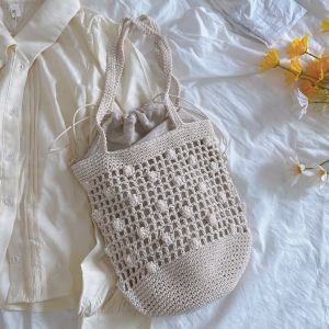 Mori Artistic Woven Cotton Package Hook Flower Cut Out Bucket Bag Korean Style Ins Underarm Bag Shoulder Bag Handbag for Women