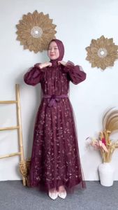 TERBARU REYNA DRESS GAMIS  SATIN SILK MIX BRUKAT TILLE GARDEN KONDANGAN DRES BRIDESMAID BURGUNDY  SIZE M L XL XXL