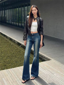 Extended Length Deep Blue mid Low Waist Bell Bottom Jeans Womens Autumn Winter Slimming Stretchy Floor Length Pants