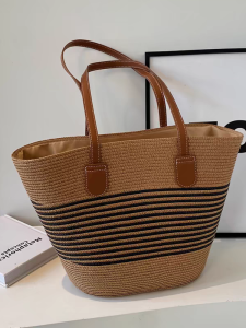 Bohemian Style Straw Woven Womens Tote Bag Fashionable Stripe Light Luxury Single Shoulder Bucket Bag Travel Zipper Closure
