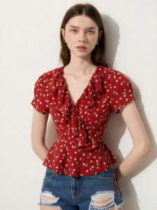 D-PLAY | Red V-neck Ruffle Floral Slim Blouse