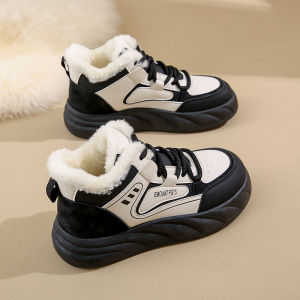 Womens Thick Bottomed Fleece Lined Cotton Shoes Winter Warm High Top Sport Board Shoes College Style round Toe Rubber Sole