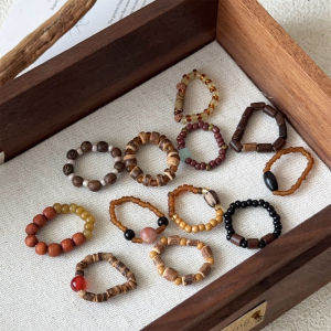 Original Design Silverspoon Bamboo Color Wooden Rice Grain Ring for Women Fashionable Elastic Personality Ring with 925 Silver