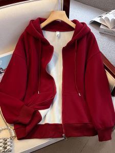 เสื้อสเวตเตอร์คอกลมแขนยาวทรงหลวมสไตล์เกาหลีสำหรับผู้หญิง ฤดูใบไม้ผลิและฤดูใบไม้ร่วง สีแดง ผ้าฝ้ายผสมคอตตอน 95%