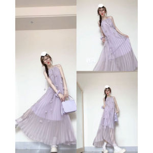 CHANGTONG | French Style Purple Strapless Long Dress Beach Vacation Gown Shoulder Bared High Waist Pure Color Floral Embroidery A-Line Skirt