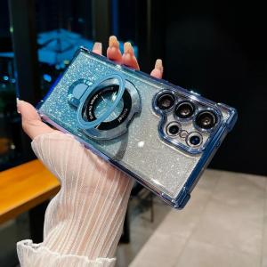 Gradient Glitter Stand Holder For Magsafe Phone Case For Samsung Galaxy S24 Ultra S24 Plus S23 Ultra S23 FE S22 Plus Bracket Shockproof Cover