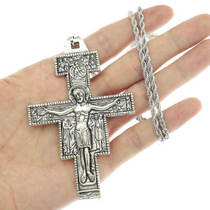 Vintage Saint St Francis of Assisi Tau San Damiano Cross Necklace for Men Women Catholic Crucifix Religious Chain Jewelry Gift