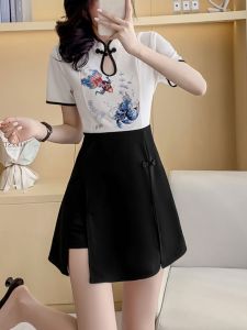 Chinese Style Cheongsam Dress Set with Button Dining Work Uniform for Technicians Short Sleeve H Version Polyester Fiber