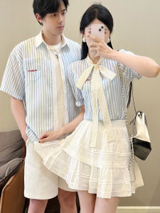 Áo Sơ Mi Nữ Tay Ngắn Họa Tiết Sọc Phong Cách Pháp Cổ Điển Mùa Hè Họa Tiết Hoa Tươi Dây Thắt Nơ Thiết Kế Độc Đáo Cho Cặp Đôi