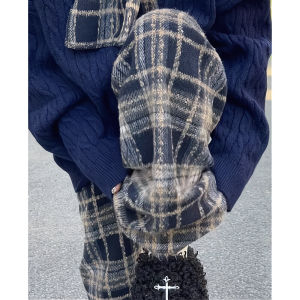 Womens Plaid Fleece Lined Wide Leg Pants Autumn Winter Warm Trousers Outerwear Windproof Lazy Rice Cake Pants High Waist Long Pants Polyester Spandex