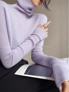 เสื้อสเวตเตอร์ถักคอสูงผ้าขนสัตว์สำหรับผู้หญิง ฤดูใบไม้ร่วง/ฤดูหนาว เสื้อชั้นในยาวแขนยาว ทรงเข้ารูป สไตล์เกาหลี ผ้าขนสัตว์ผสม