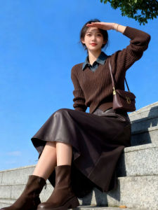 CHANGTONG | Retro Unique Faux Two-piece Knit Top and Skirt Set