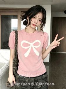 Sweet Butterfly Knot Bubble Sleeve Knitted Sweater Womens Summer Korean Style Slimming Short Sleeve Pink Color Block Top