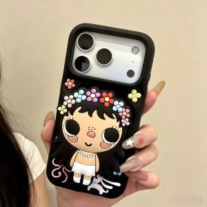 EOENKK | Cute 3D Cartoon Girl Stand Phone Case For iPhone 17 16 15 14 13 12 Pro Max 14 15 Plus 16 17 Pro Shockproof Silicone Phone Cover