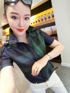 Áo Sơ Mi Tay Ngắn Kẻ Sọc Cổ Điển Cho Nữ Mùa Hè Hàng Mới Về Có Cổ Đứng Slim Fit Cotton Polyester Áo Đi Làm