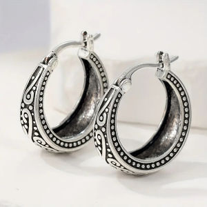 Huitan Engraved Design Women Hoop Earrings Vintage Accessories for Daily Party Elegant Lady Anti Silver Color Metal Jewelry