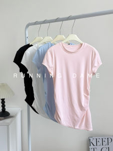 Slim Fit Sporty round Neck T-Shirt Womens Summer New Style Asymmetric Folded Short Sleeve Fitness Wear Breathable Quick Dry