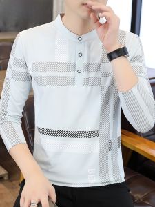 HENGYUANXIANG | Hengyuanxiang Mens Long Sleeve T-Shirt Pure Cotton Casual Stand Collar Base Shirt Spring Autumn Fashion Print Anti-Wrinkle