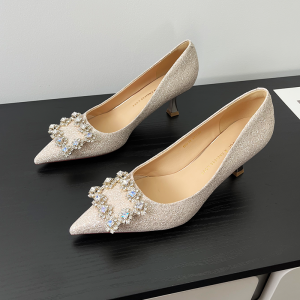 Summer Xueer Velvet High Heels Womens Spring New Thin Heel Bride Shoes Pointed Toe Rhinestone Square Buckle Single Shoes Wedding Shoes