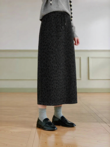 XIANGYING | Womens Wool Blend Leopard Print A-Line Skirt with Pencil Hem and High Waist