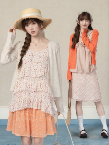 loveheynew | Áo Cardigan Knit Mỏng Đục Lỗ Sọc Cam Đơn Giản Phong Cách Mùa Hè