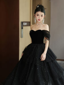 Elegant Black One-Shoulder Evening Gown for Women Korean Style Floor-Length Ball Dress Short Sleeve Beaded Party Dress
