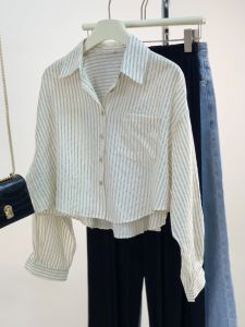 Womens Cotton Linen Short Striped Shirt Summer Sun Protection Long Sleeve Top Korean Style Loose Fit Button down Polo Neck