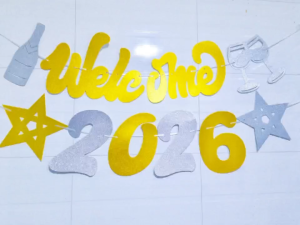 Welcome 2026 HAPPY NEW YEAR Theme Rose gold Gold Glitter champagne bottle glass Star party decoration cardboard banner