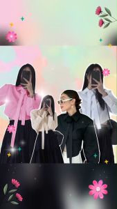 B20981 เสื้อครอปแขนยาว แต่งดอกคามิเลีย Long-sleeved crop top with camellia flower detail