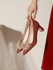 Red Chinese Shuhai Wedding Shoes Square Heel High Heels Wide Foot Wide Size Womens Shoes Foot Arch High Elegantly Embellished