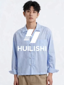 HUILISHI Men Chinese Style Frog Button Striped Long Sleeve Shirts Notched Lapel Chest Pocket Loose Fit Retro Casual Overshirt