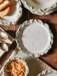 ชามเส้นขนมปังฝรั่งเศสที่สวยงาม ชามเส้นผ่านศูนย์กลาง 9 นิ้ว ชามเซรามิคลายพื้นผิวลึกสำหรับตกแต่งบ้านและใช้ในงานปาร์ตี้